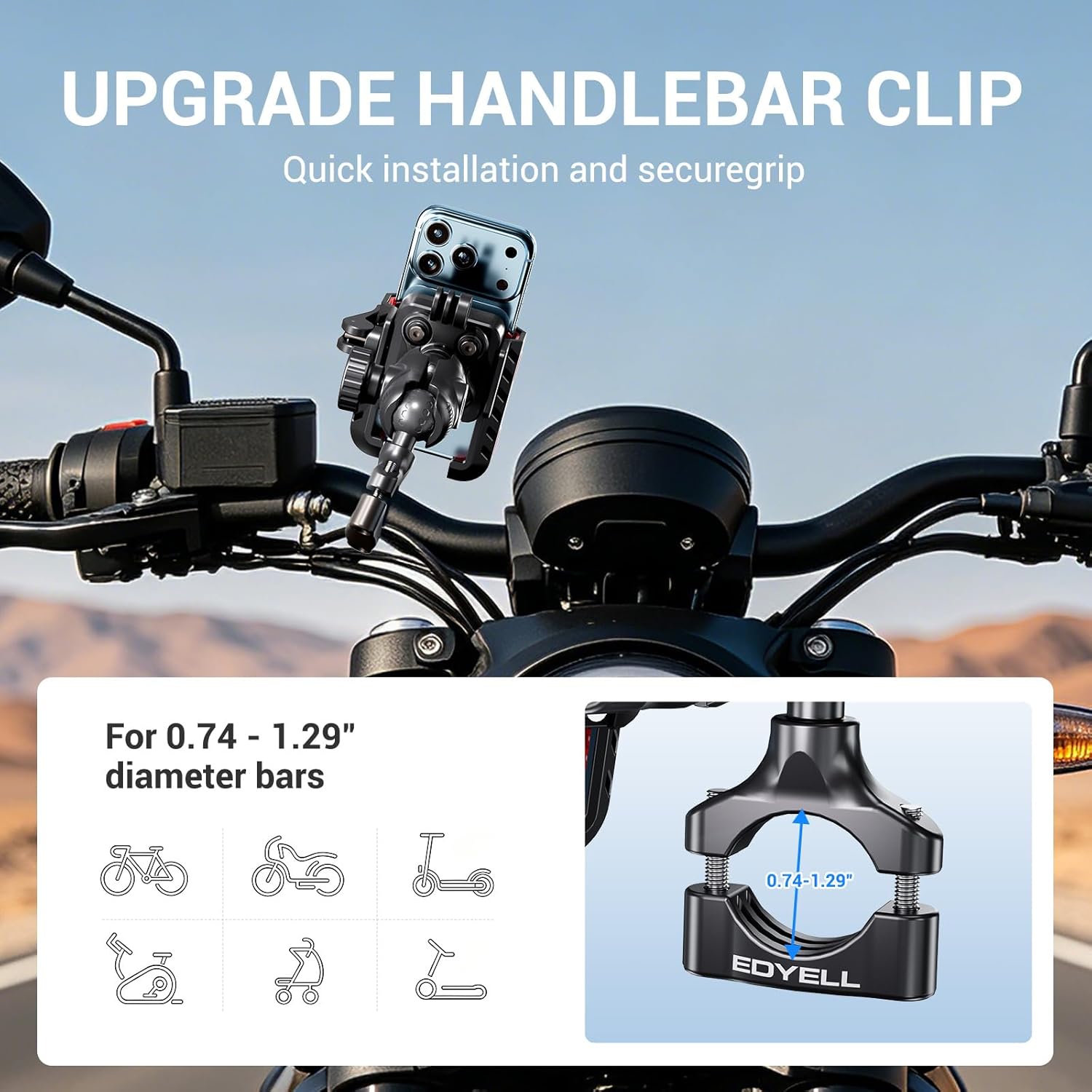 EDYELL YF303-A Anti-Vibration Motorcycle Phone Mount Holder for 4.7-7.2 Inch Smartphones