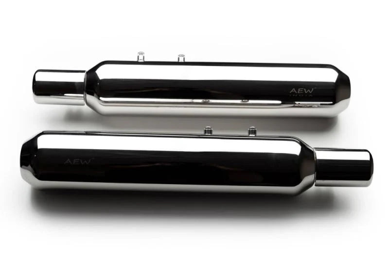 AEW TE202 performance exhaust for Royal Enfield Super Meteor 650 stainless steel and chrome variants