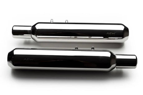 AEW TE202 performance exhaust for Royal Enfield Super Meteor 650 stainless steel and chrome variants