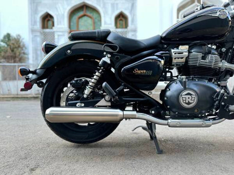 AEW TE202 performance exhaust for Royal Enfield Super Meteor 650 stainless steel and chrome variants