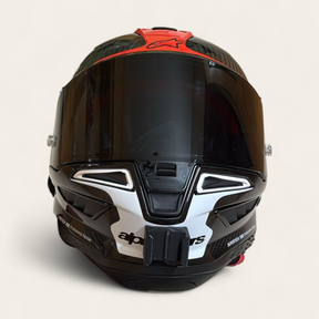 Alpinestars Supertech R-10 SR-10 helmet chin mount installed for GoPro POV motovlogging camera setup by Moto Vibe India with strong 3M adhesive mount
