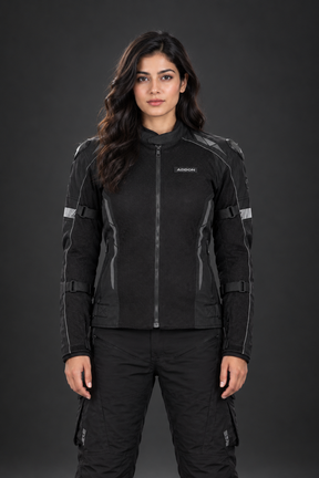 Lone Ranger Women Addon Pro motorcycle riding jacket in all black front view

