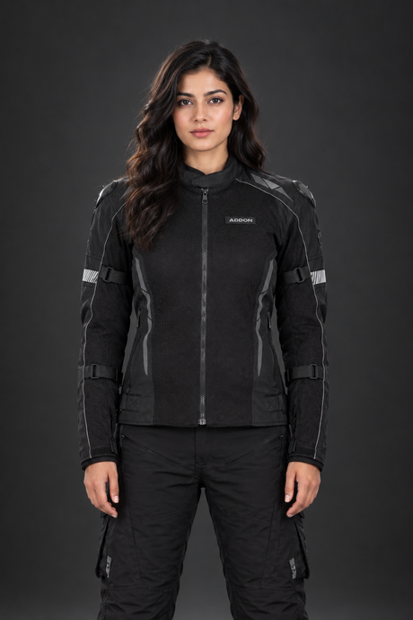 Lone Ranger Women Addon Pro motorcycle riding jacket in all black front view

