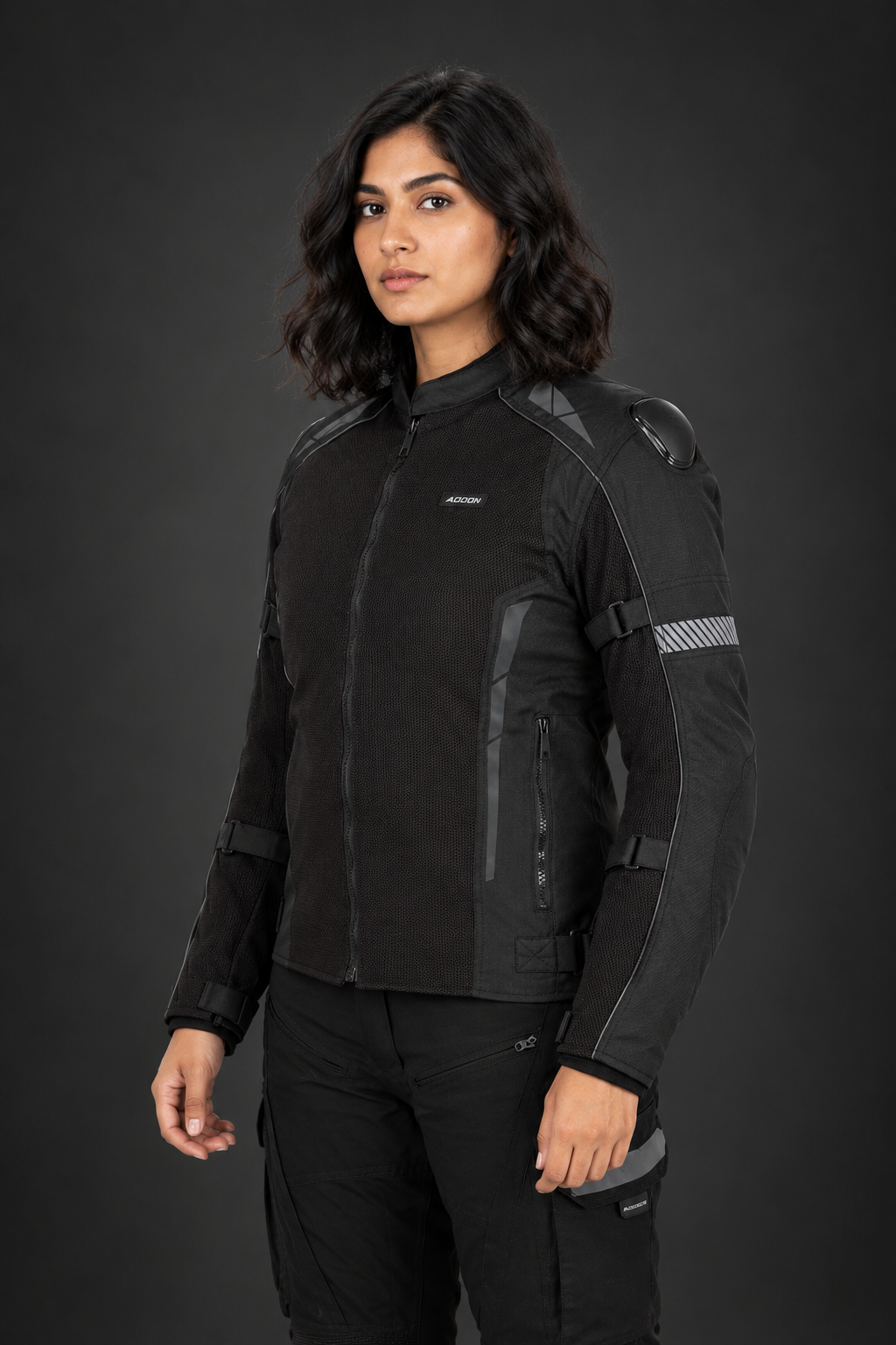 Lone Ranger Women Addon Pro motorcycle riding jacket in all black front view

