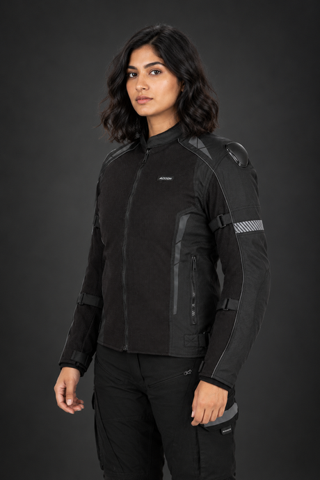 Lone Ranger Women Addon Pro motorcycle riding jacket in all black front view

