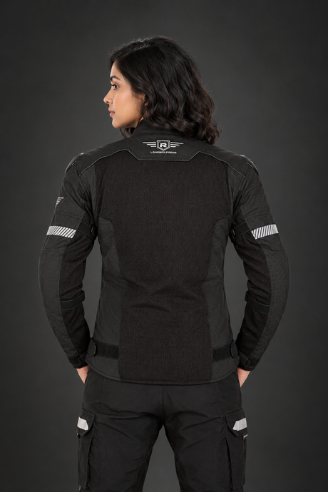 Lone Ranger Women Addon Pro motorcycle riding jacket in all black front view

