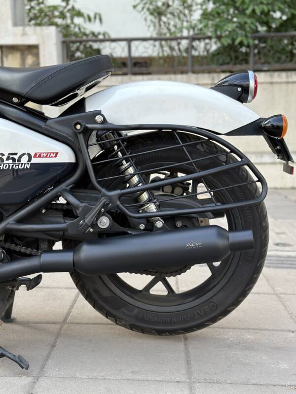AEW TE203 performance exhaust for Royal Enfield Shotgun 650 heat resistant black stainless steel slip-on silencer with deep rumble sound and removable DB killer