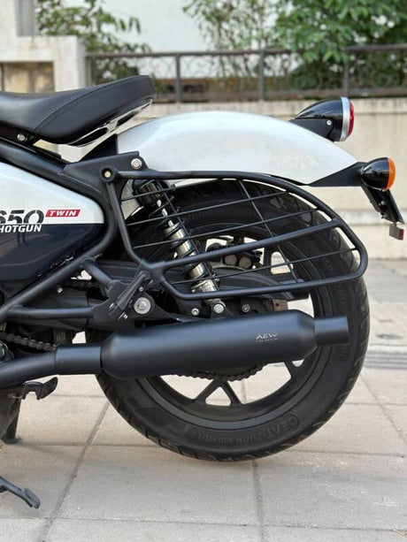 AEW TE203 performance exhaust for Royal Enfield Shotgun 650 heat resistant black stainless steel slip-on silencer with deep rumble sound and removable DB killer