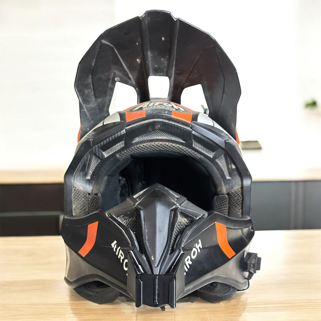 Airoh Wrap helmet chin mount installed for GoPro POV motovlogging camera setup by Moto Vibe India with strong 3M adhesive mount