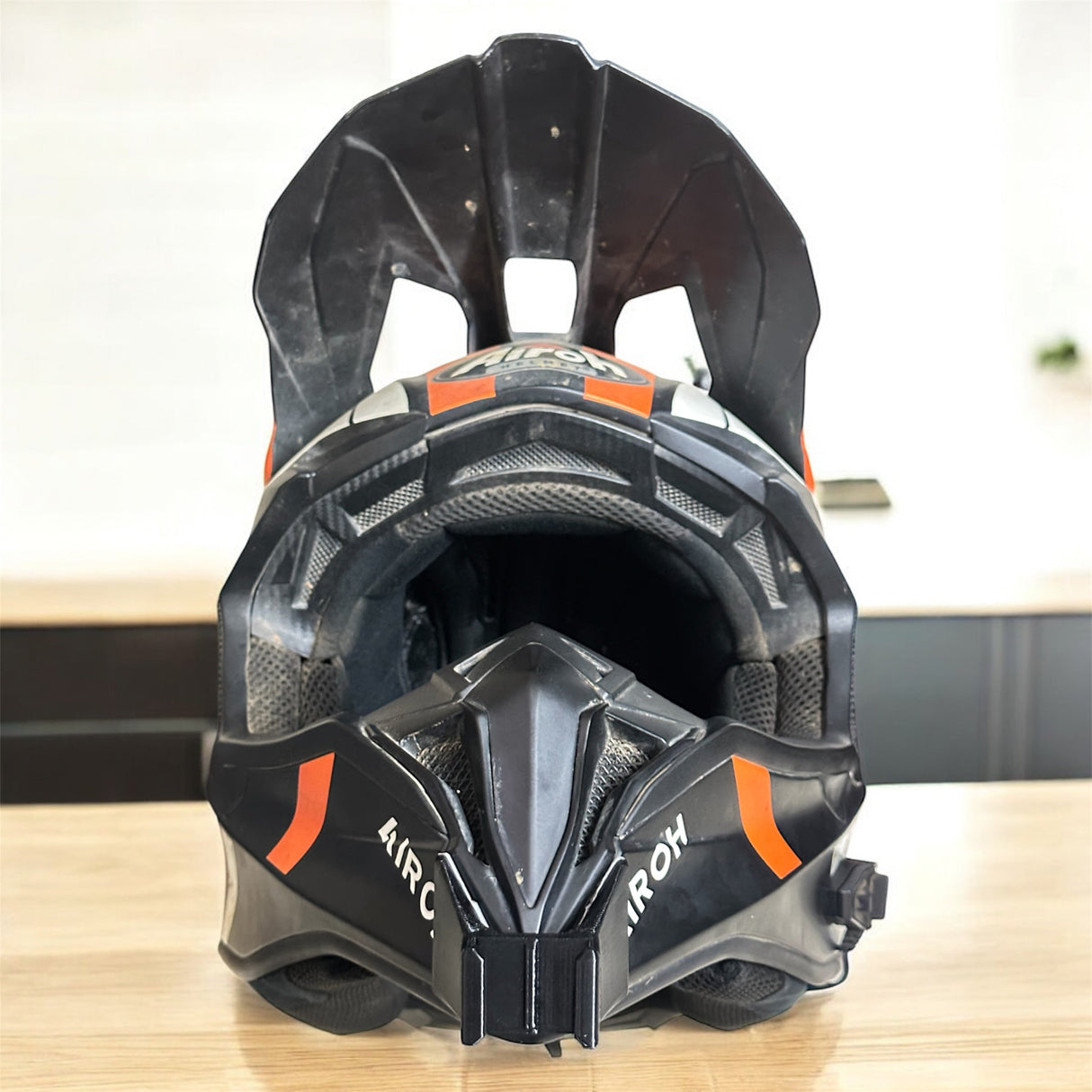 Airoh Wrap helmet chin mount installed for GoPro POV motovlogging camera setup by Moto Vibe India with strong 3M adhesive mount