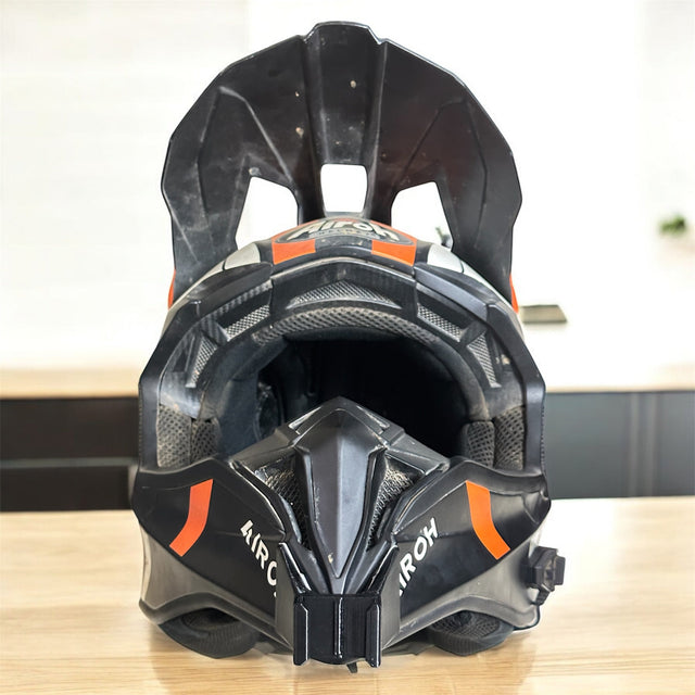 Airoh Wrap helmet chin mount installed for GoPro POV motovlogging camera setup by Moto Vibe India with strong 3M adhesive mount