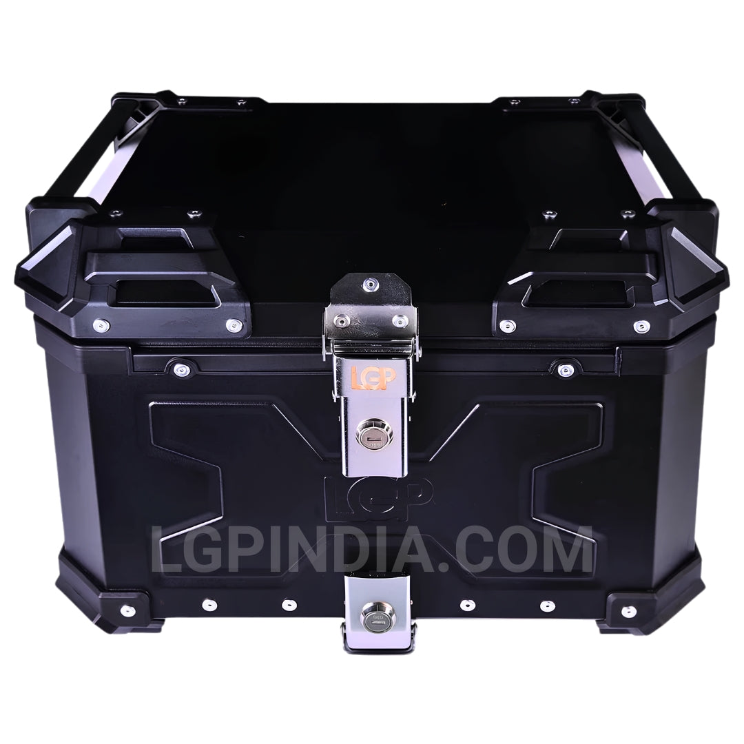 LGP 45L aluminium motorcycle top box with backrest in black and silver

