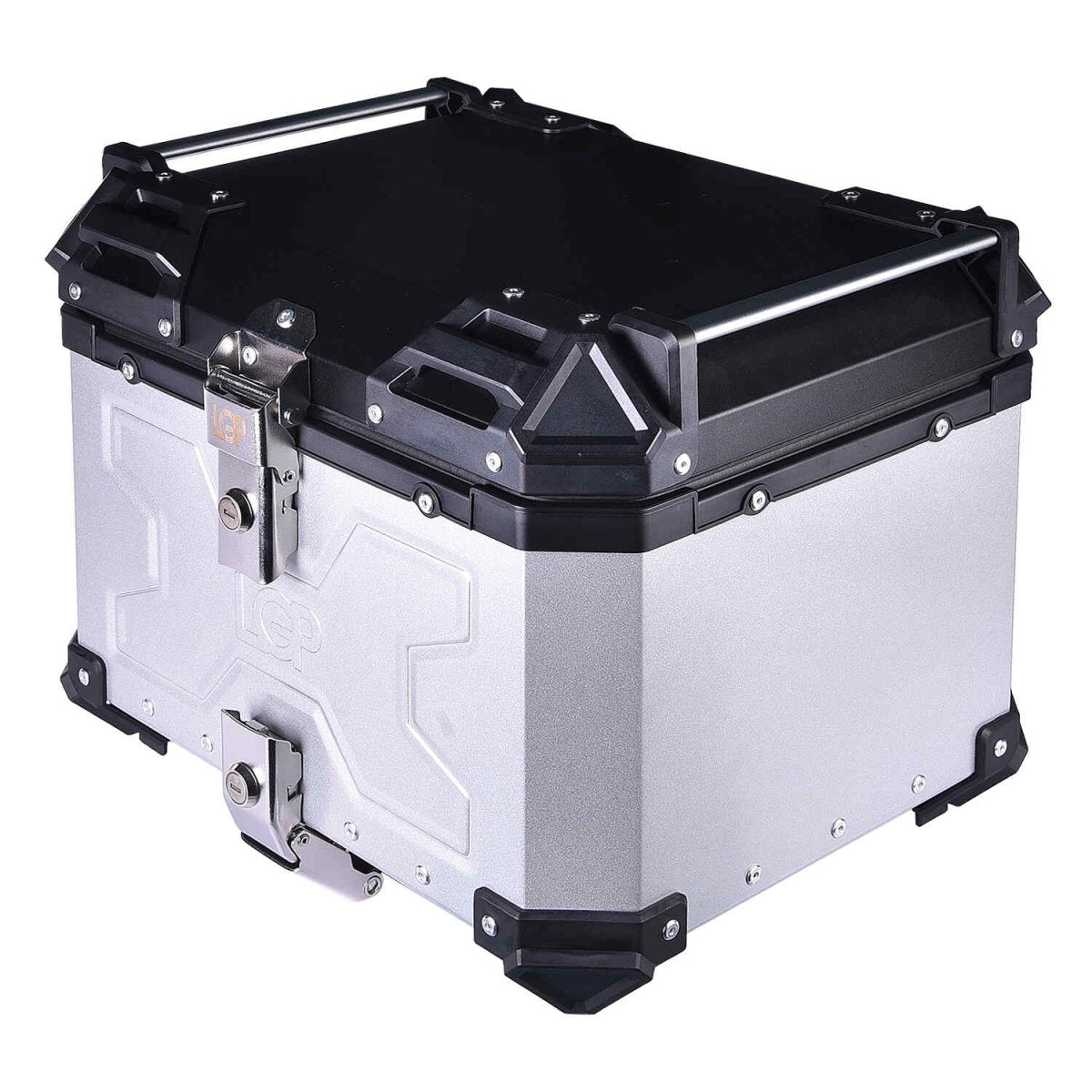 LGP 45L aluminium motorcycle top box with backrest in black and silver

