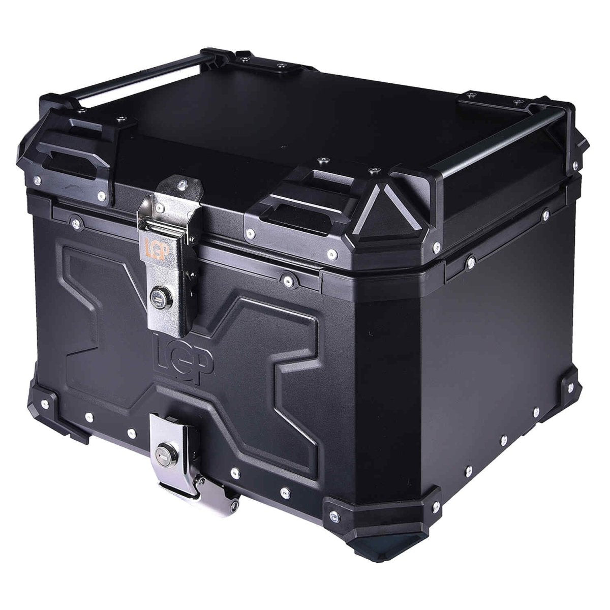 LGP 45L aluminium motorcycle top box with backrest in black and silver

