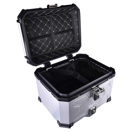 LGP 45L aluminium motorcycle top box with backrest in black and silver

