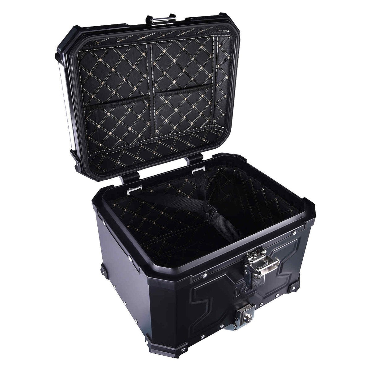LGP 45L aluminium motorcycle top box with backrest in black and silver

