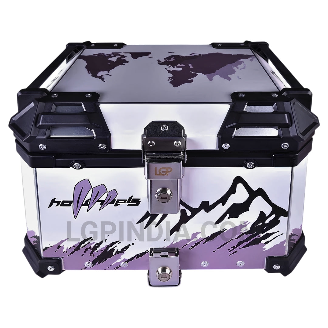 LGP 45L aluminium motorcycle top box white graphics with backrest

