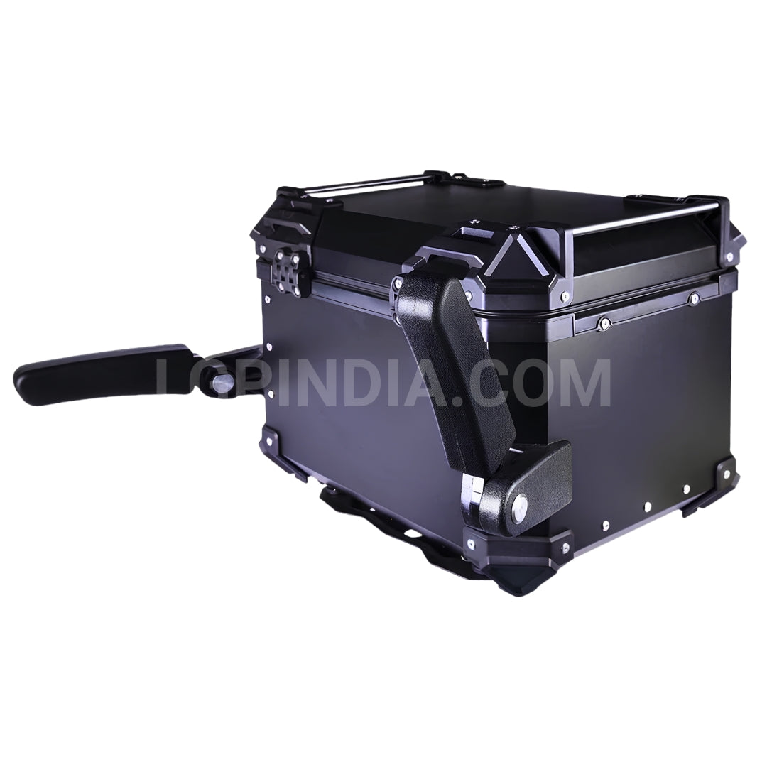 LGP 45L black aluminum motorcycle top box with backrest and pillion hand support

