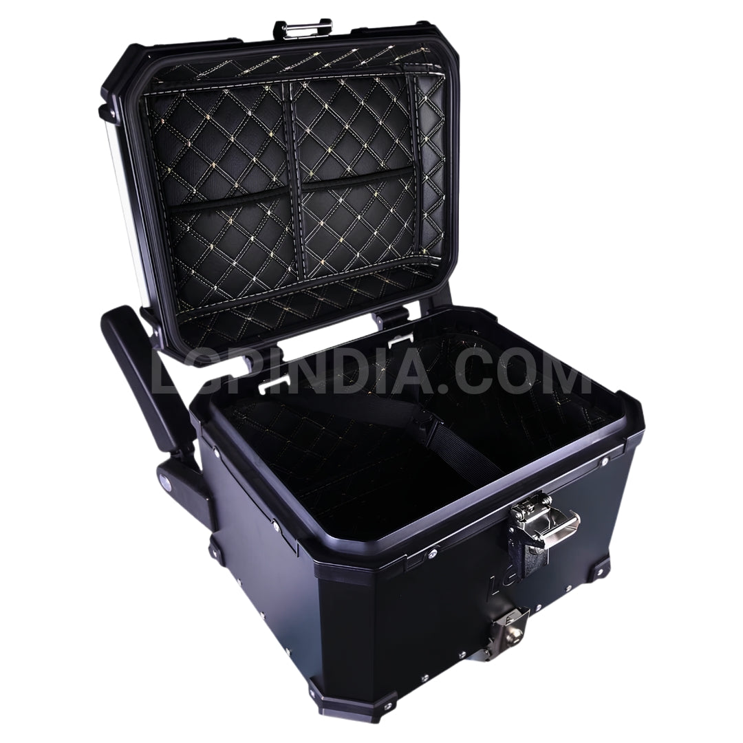 LGP 45L black aluminum motorcycle top box with backrest and pillion hand support

