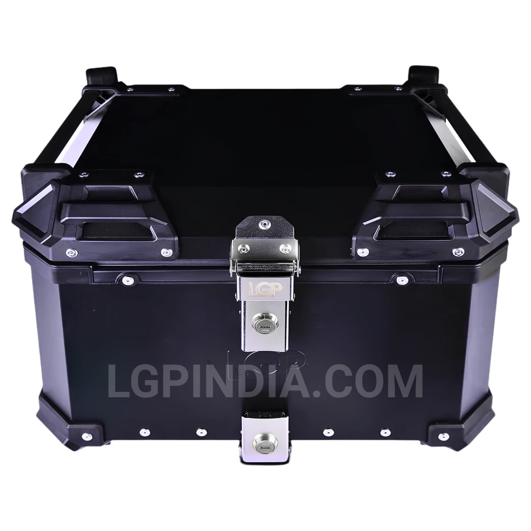 LGP 45L black aluminum motorcycle top box with backrest and pillion hand support

