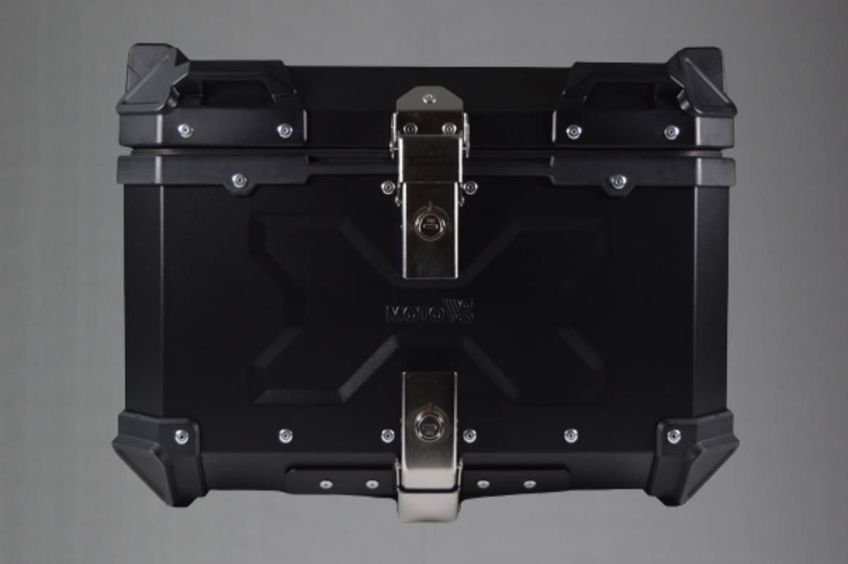 Moto Vanguard 55 liter aluminum motorcycle top box front view