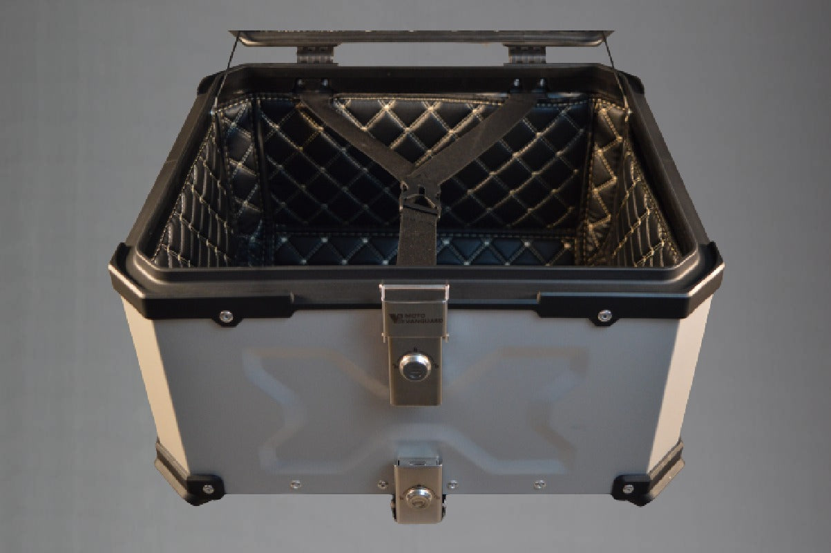 Moto Vanguard 55 liter aluminum motorcycle top box front view