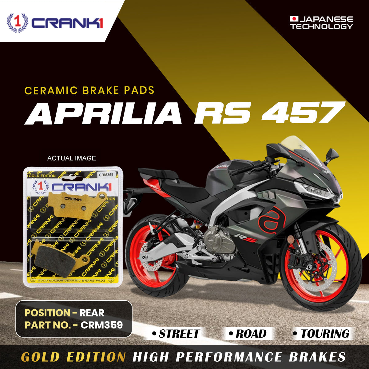 CRANK1 Ceramic Rear Brake Pads CRM359 for Aprilia RS 457 HH Rated Disc Brake Pads
