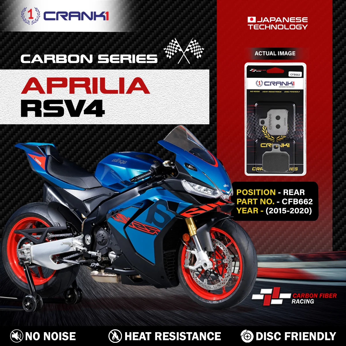 CRANK1 Carbon Brake Pads CFB662 Rear For Aprilia RSV4 2015-2020 Motorcycle