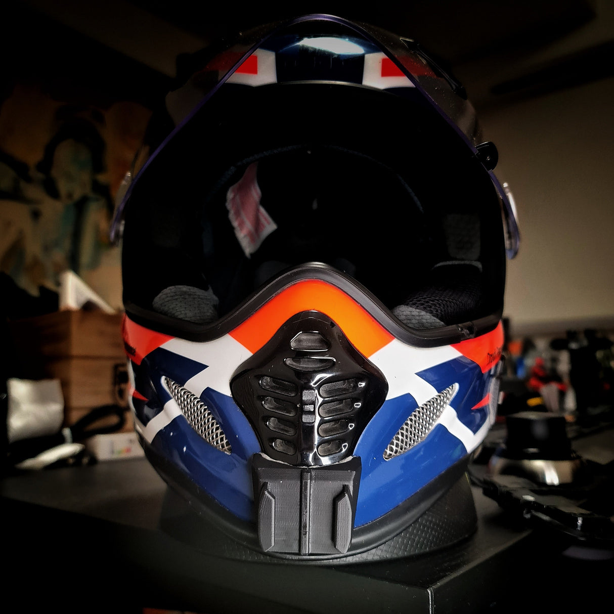 Universal motorcycle helmet chin mount installed for GoPro POV motovlogging camera setup by Moto Vibe India with strong 3M adhesive mount