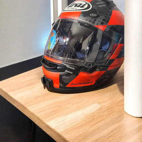 Arai Regent-X Profile-V helmet chin mount installed for GoPro POV motovlogging and touring camera setup by Moto Vibe India with strong 3M adhesive mount