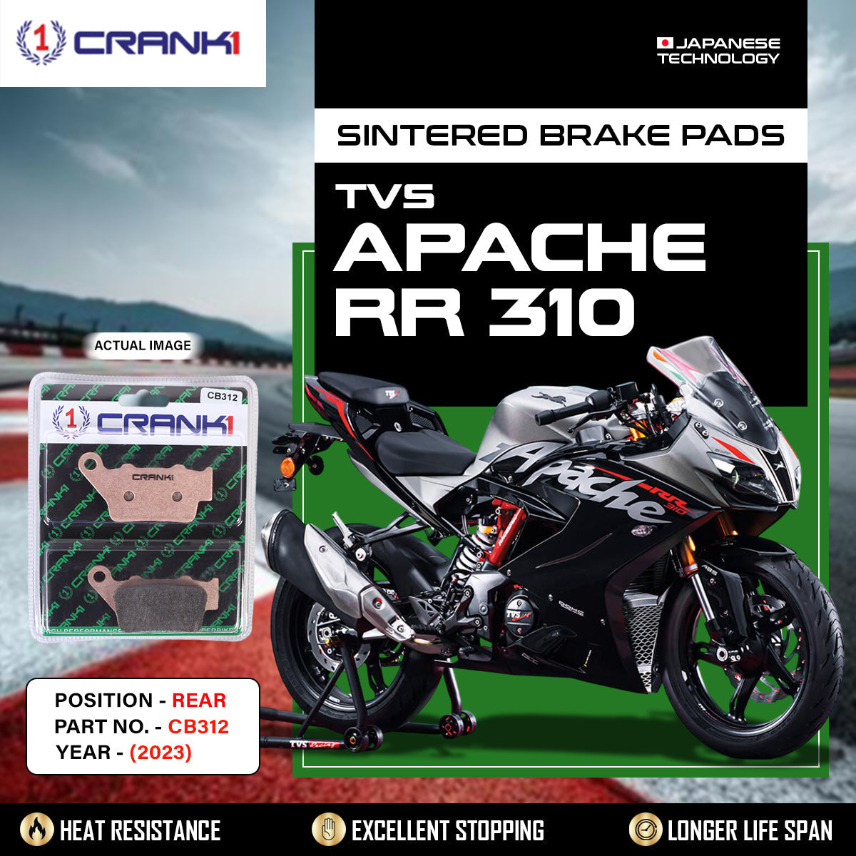 CRANK1 CB312 Sintered Rear Brake Pads for TVS Apache RR 310 (2023) | LEGUNDARY Custom