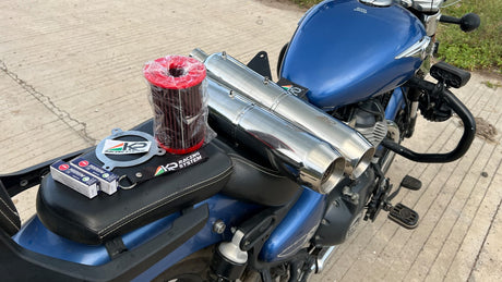 KP Racing System BASSMASTER Stage 2 Combo SS304 Exhaust for Royal Enfield Super Meteor 650 with Performance Air Filter and Iridium Spark Plugs