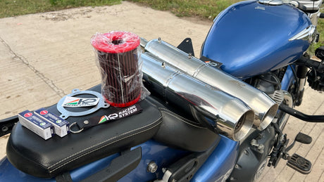 KP Racing System BASSMASTER Stage 2 Combo SS304 Exhaust for Royal Enfield Super Meteor 650 with Performance Air Filter and Iridium Spark Plugs