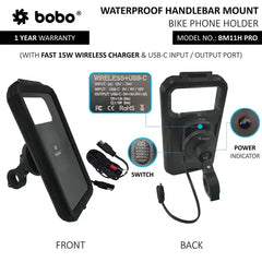 BOBO BM11H PRO Fully Waterproof Bike Phone Holder with Vibration Controller (with Fast 15W Wireless Charger & USB-C Input/Output Port) Motorcycle Mobile Mount