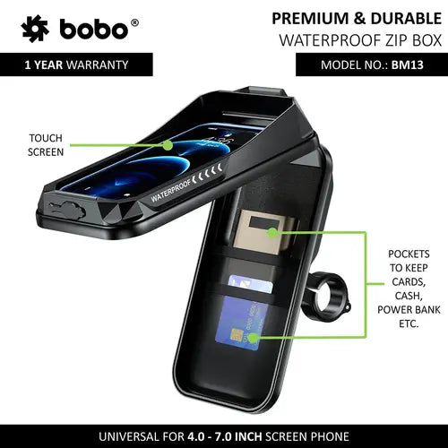 BOBO BM13 waterproof zip box phone holder mounted on motorcycle or bicycle handlebar