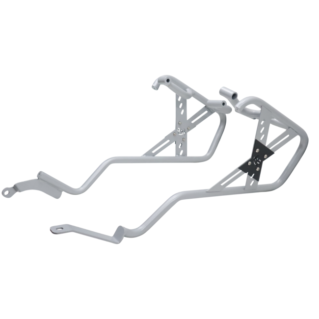 MotoCare saddle stay with silver and black plate installed on Hero XPulse 210 supporting saddlebags for touring