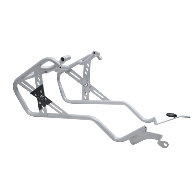 MotoCare saddle stay with silver and black plate installed on Hero XPulse 210 supporting saddlebags for touring