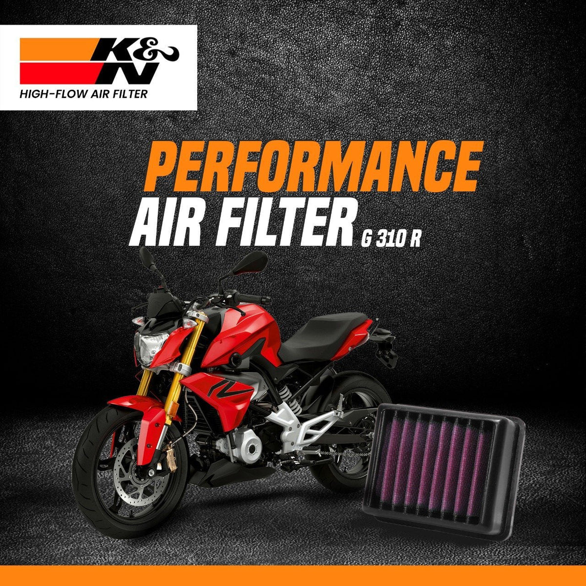 K&N high performance air filter installed on BMW G310R motorcycle engine
