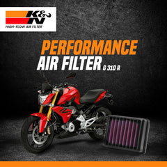 K&N high performance air filter installed on BMW G310R motorcycle engine
