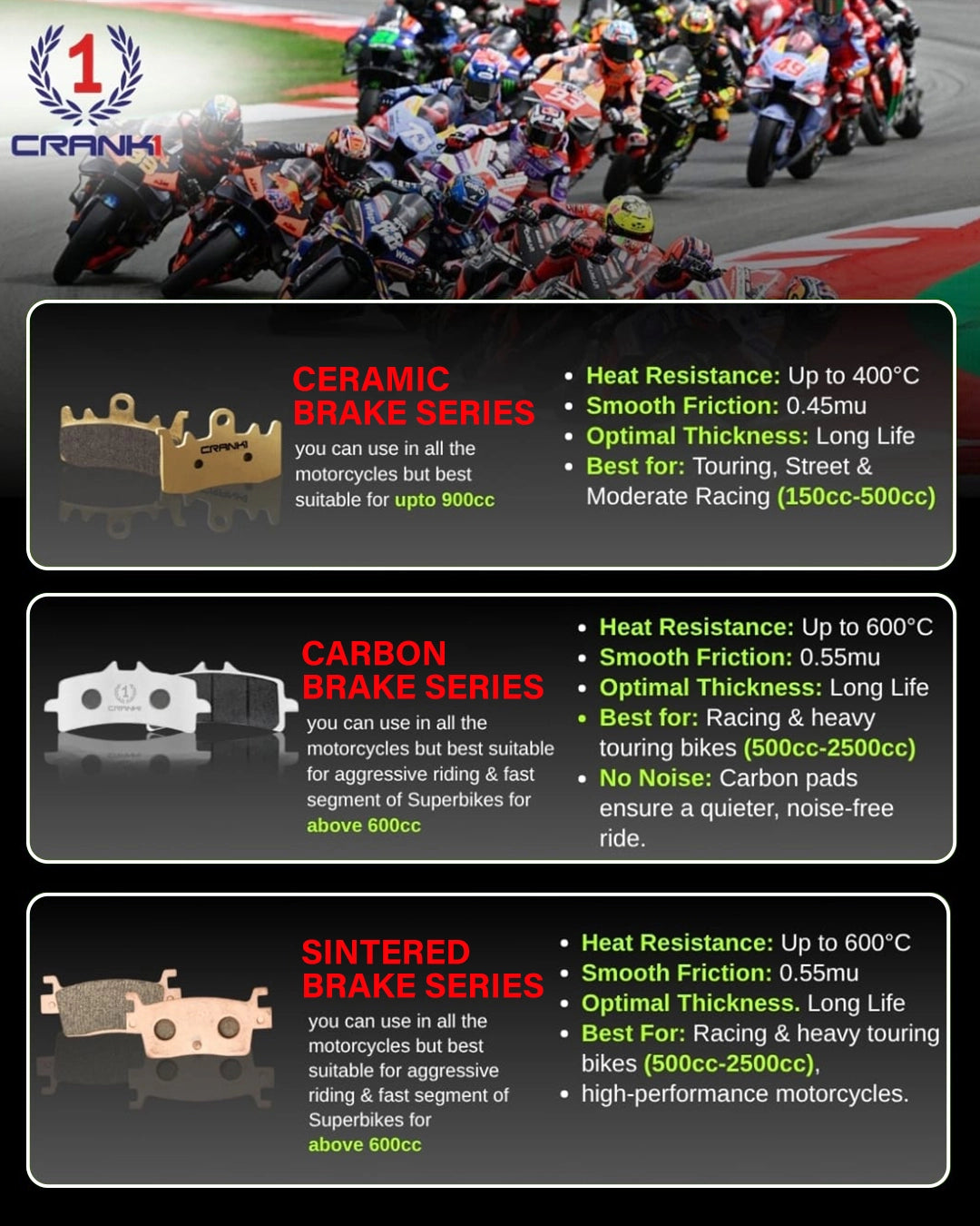 CRANK1 Carbon Front Brake Pads CFB036 for BMW R 1200 RT LC (2014–2018) High Performance Carbon Kevlar Motorcycle Brake Pads 2 Sets