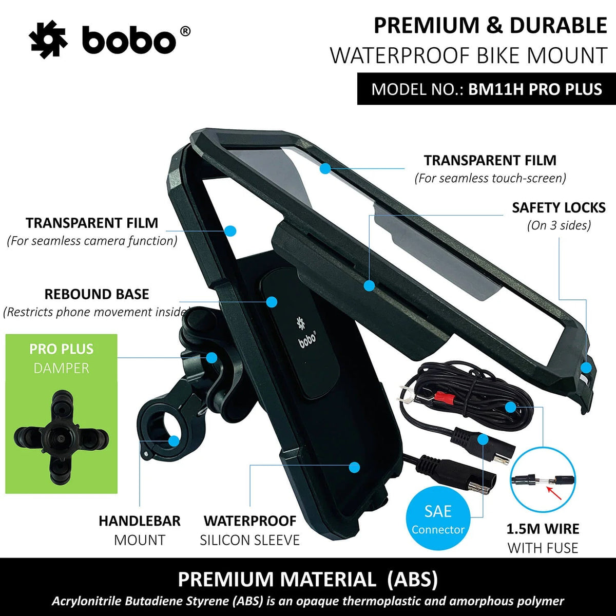 BOBO BM11 PRO PLUS waterproof bike phone holder with wireless charging on motorcycle handlebar