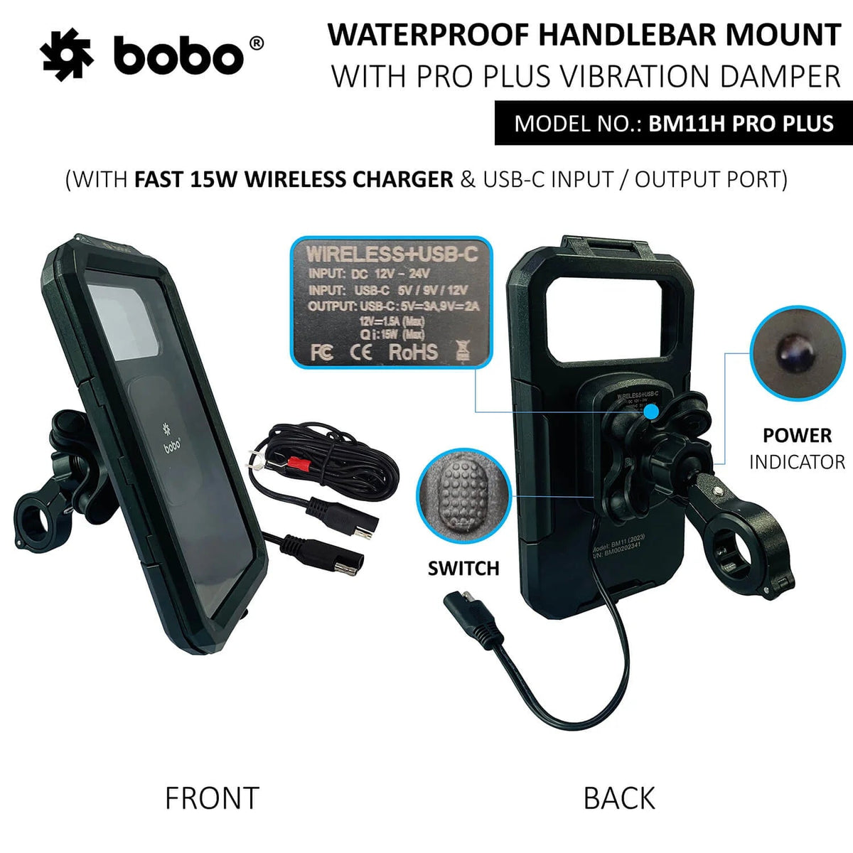 BOBO BM11 PRO PLUS waterproof bike phone holder with wireless charging on motorcycle handlebar