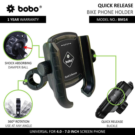 BOBO BM14 quick release bike phone holder mounted on motorcycle handlebar