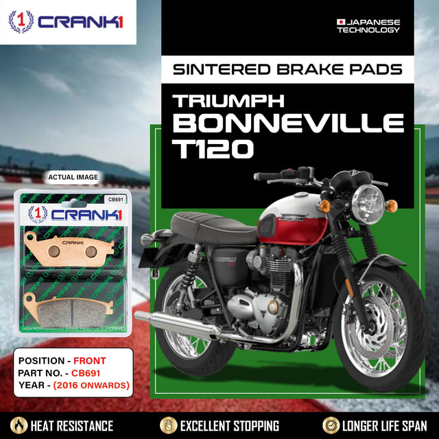 CRANK1 CB691 sintered front brake pads for Triumph Bonneville T120 (2016 Onwards) high-performance motorcycle braking upgrade.