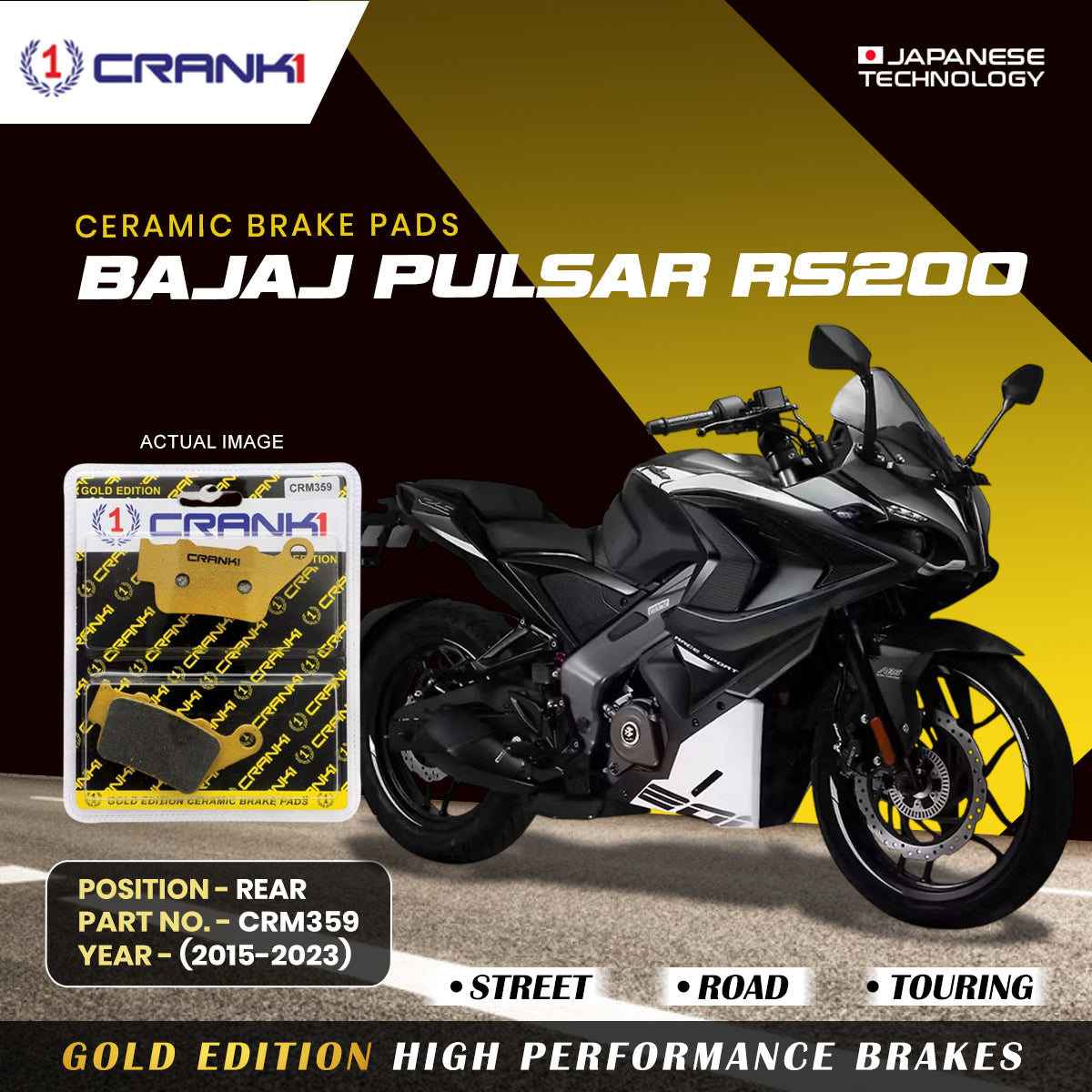 CRANK1 CRM359 ceramic rear brake pads for Bajaj Pulsar RS200 2015-2023
