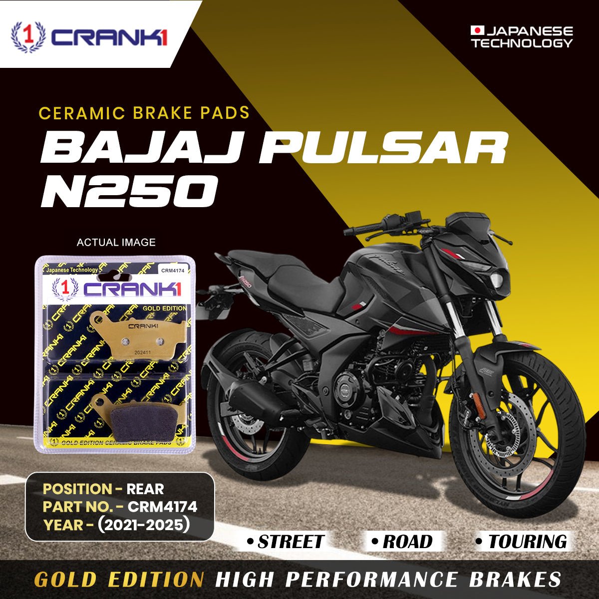 CRANK1 Ceramic Rear Brake Pads CRM4174 for Bajaj Pulsar N250 (2021-2025) HH Rated Motorcycle Brake Pads