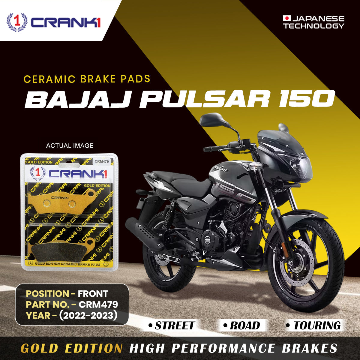 CRANK1 Ceramic Front Brake Pads CRM479 for Bajaj Pulsar 150 (2022-2023) HH Rated Motorcycle Disc Brake Pads