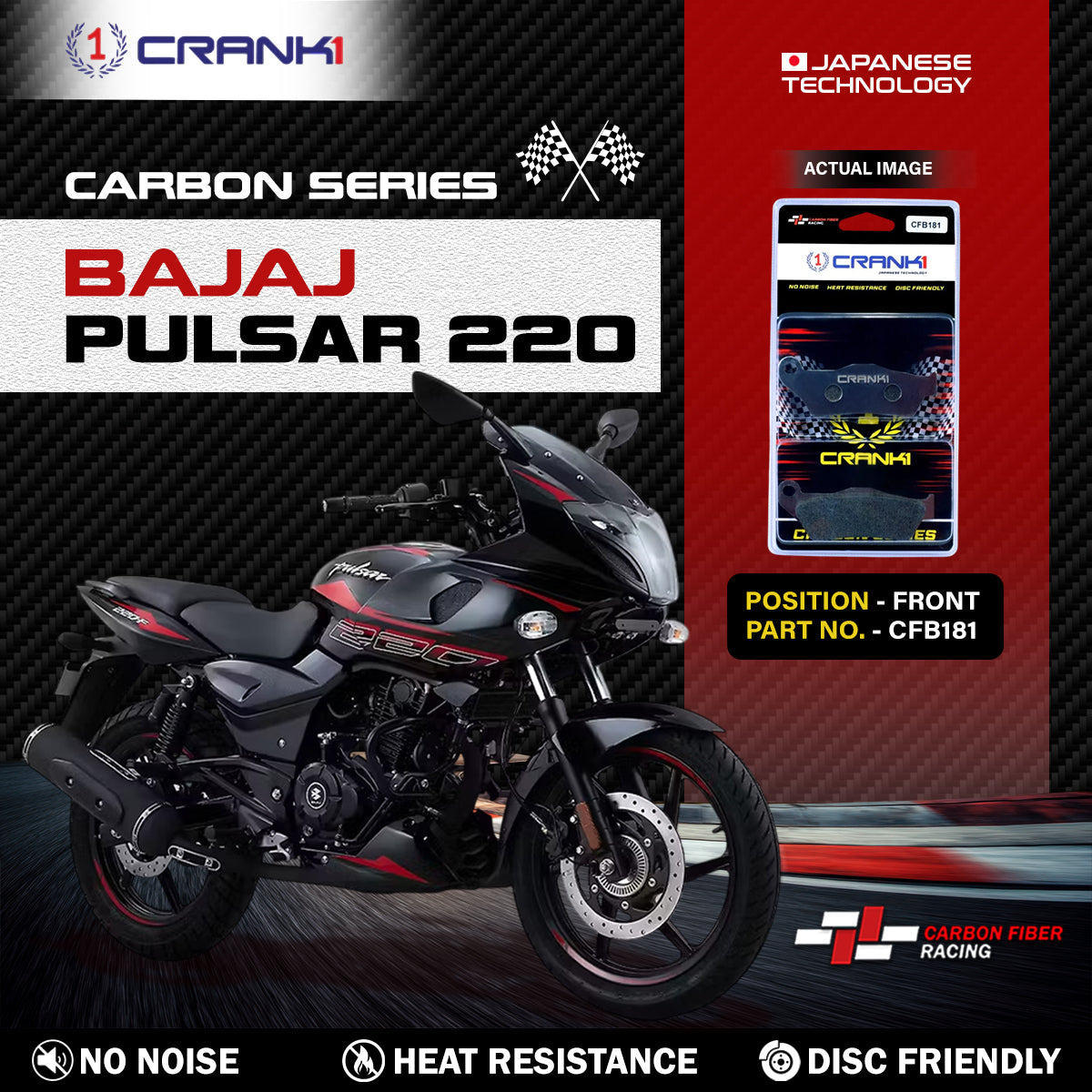 CRANK1 Carbon Front Brake Pads for Bajaj Pulsar 220 | High Performance Motorcycle Brake Pads CFB181