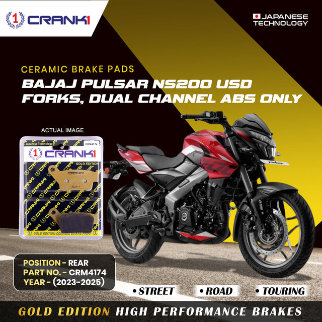 CRANK1 Ceramic Rear Brake Pads CRM4174 for Bajaj Pulsar NS200 USD Fork Dual Channel ABS 2023-2025 HH Rated Disc Brake Pads