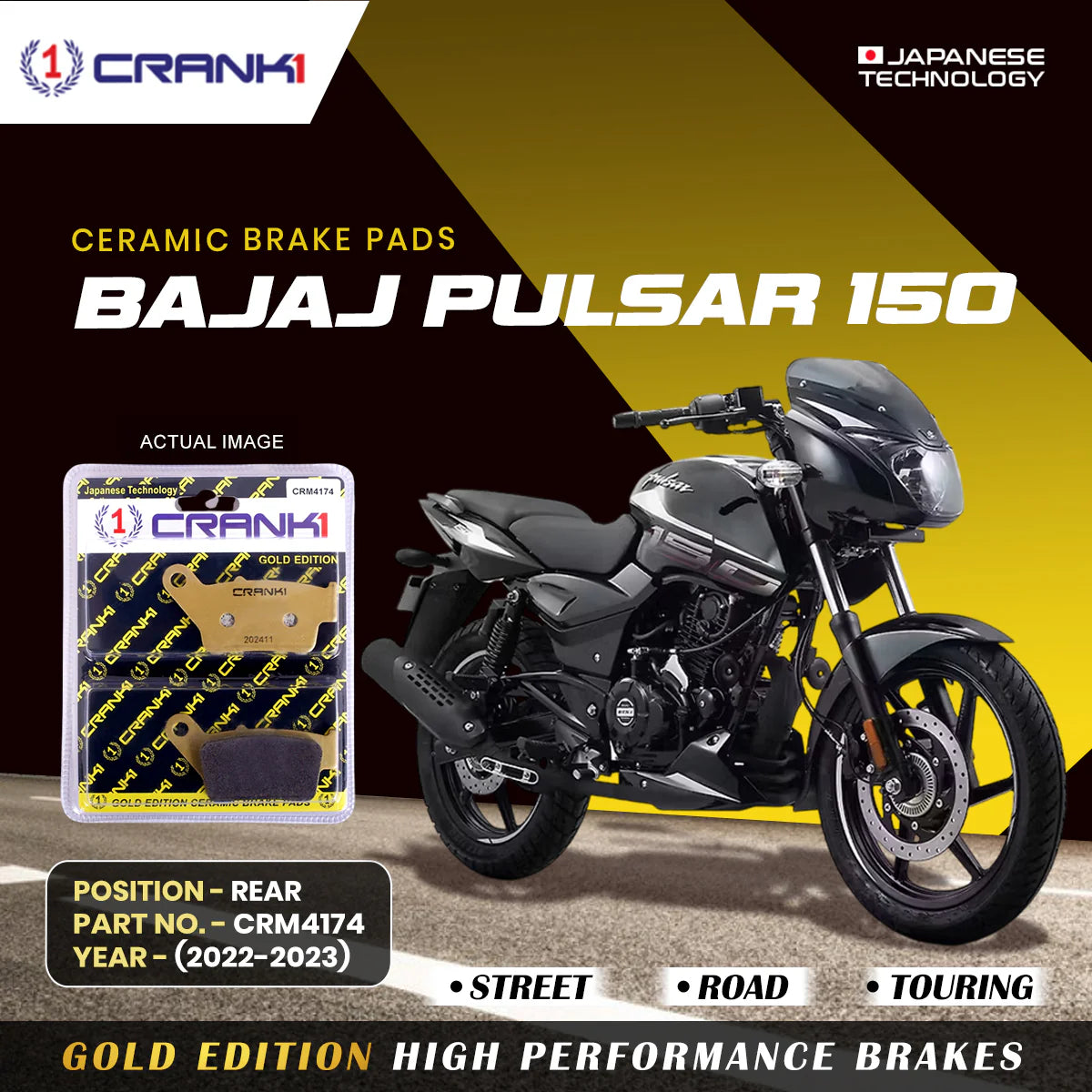 CRANK1 Ceramic Rear Brake Pads CRM4174 for Bajaj Pulsar 150 2022–2023 HH Rated Motorcycle Brake Pads 1 Set